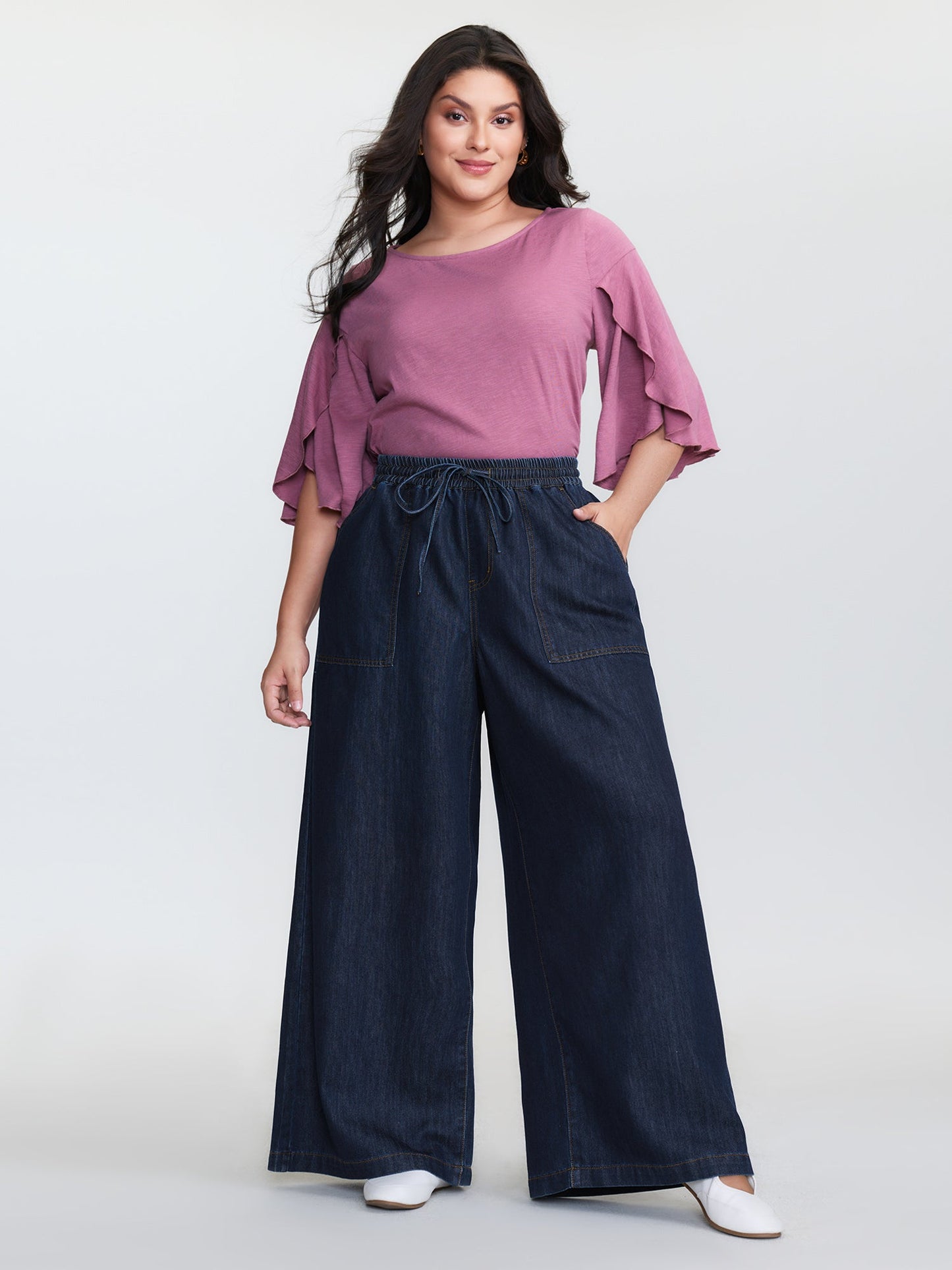 Cotton Stretchy Waist Drawstring Wide-Leg Jeans