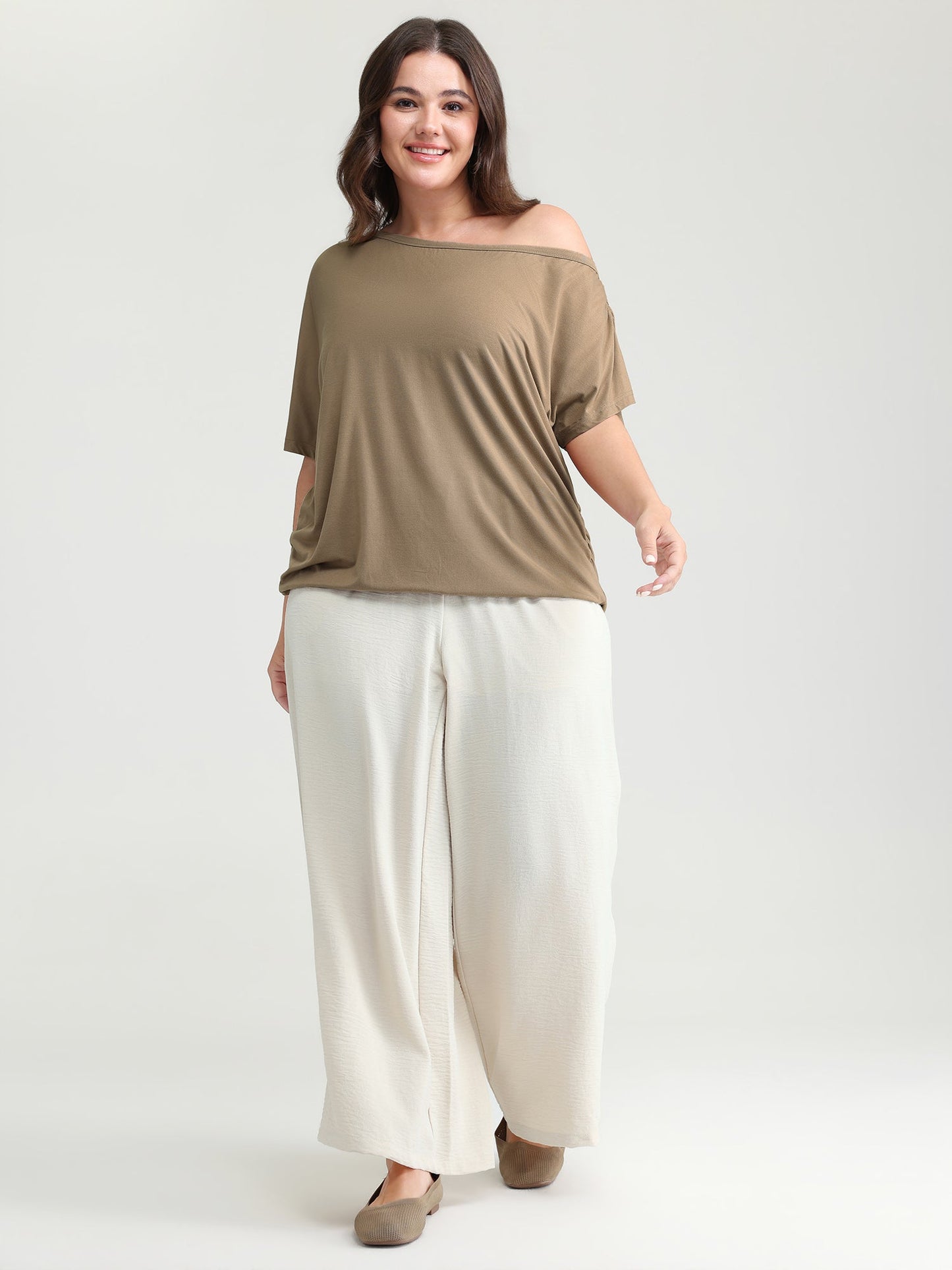 Supersoft One-Shoulder Draped Plain Knit Top