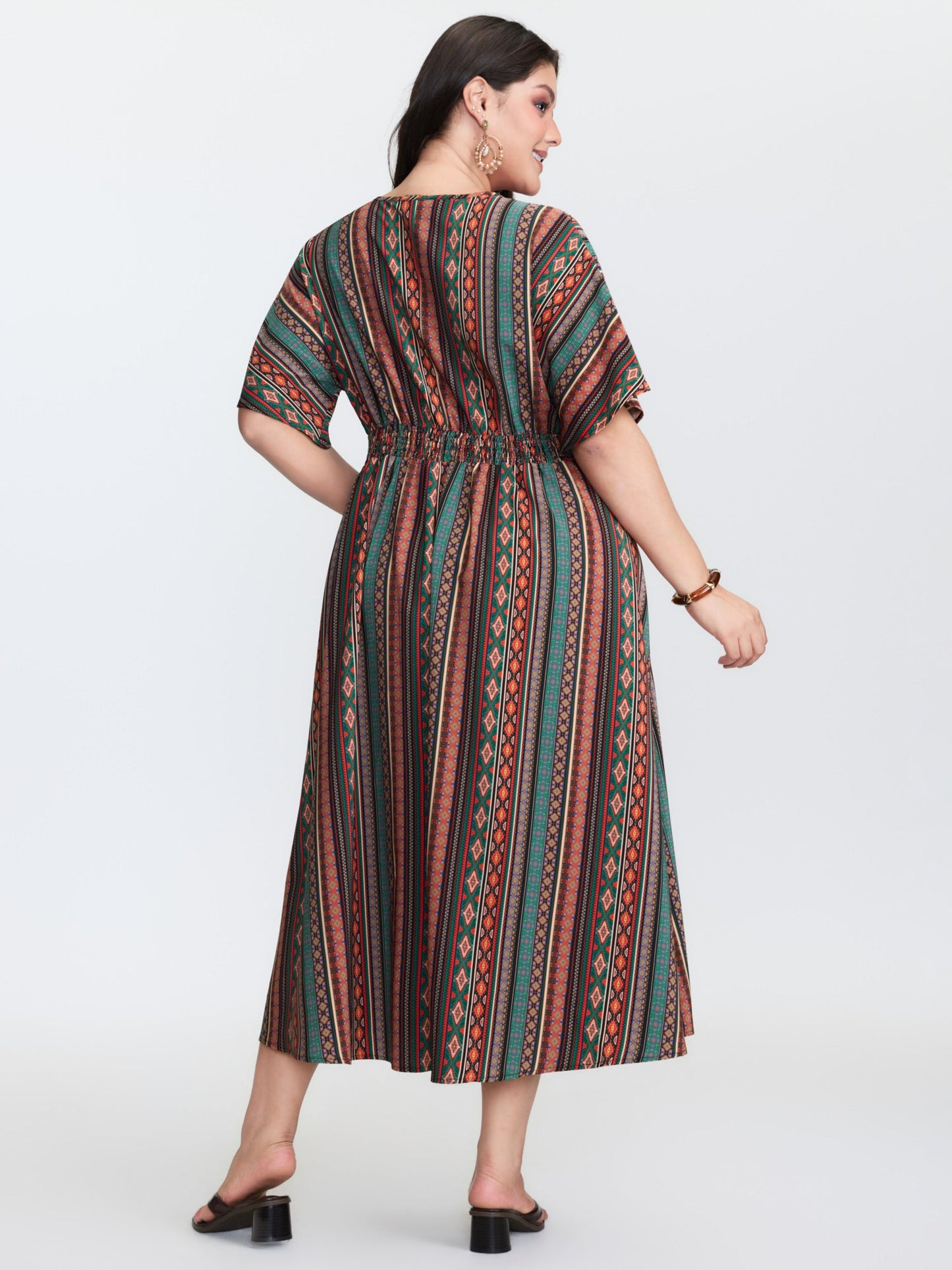 Boho Stripe Print Shirred Waist Midi Dress