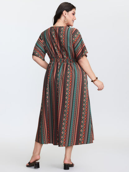 Boho Stripe Print Shirred Waist Midi Dress