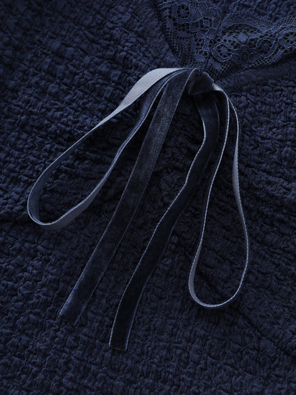 Textured Lace Trim Drawstring Fitted Top