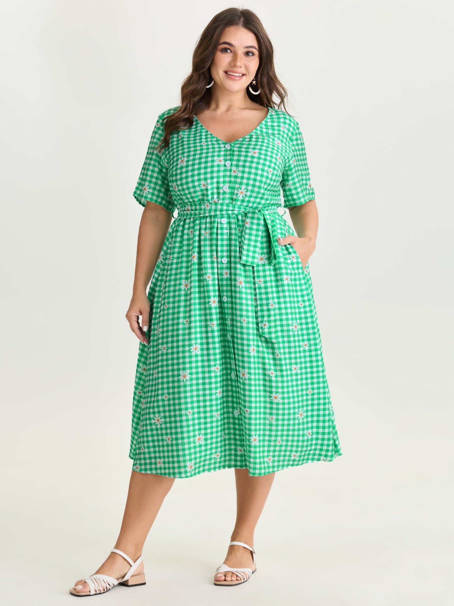 Floral Check Print Waist-Tie Midi Dress