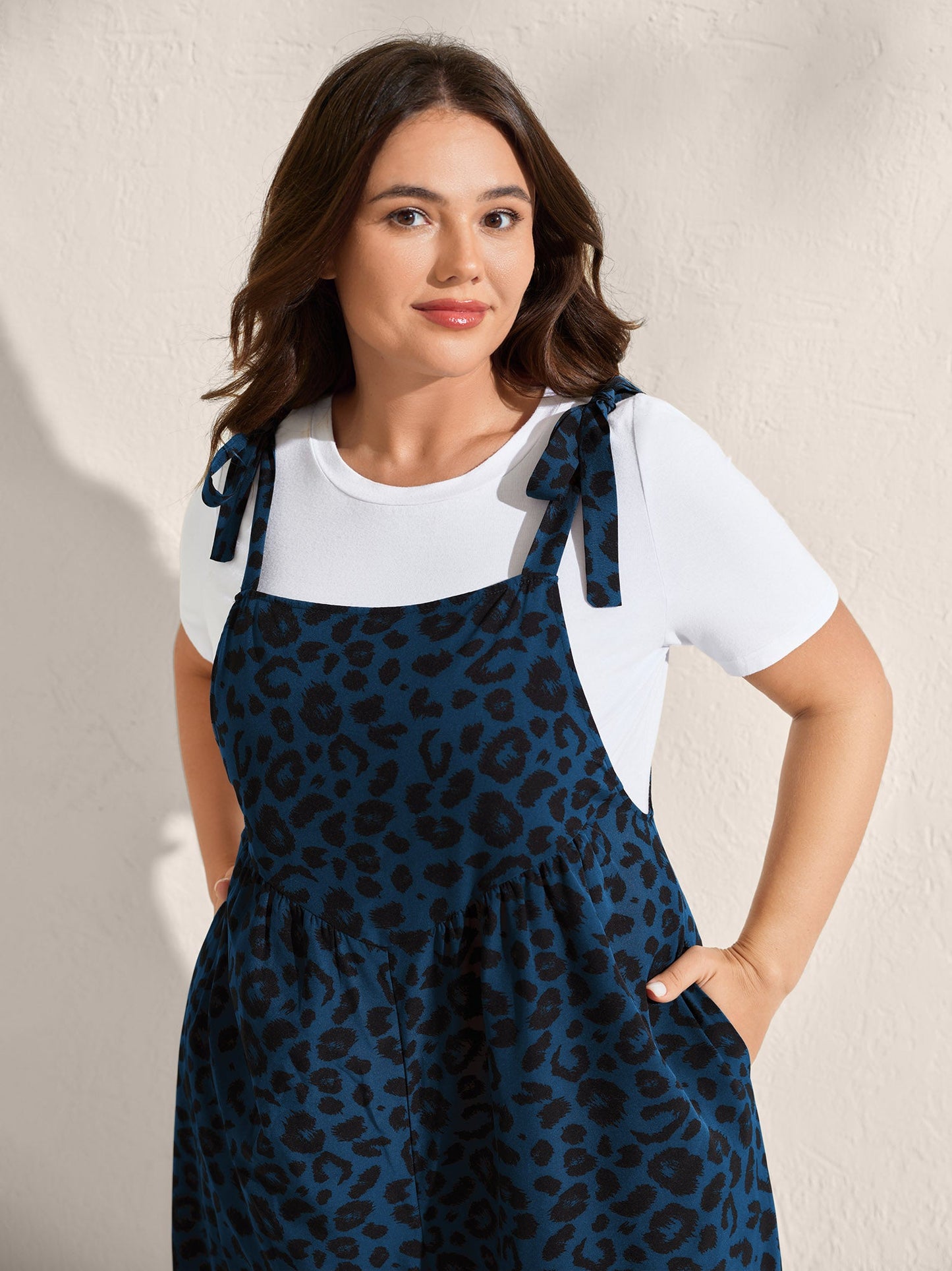 Leopard Print Shirred Shoulder Ties Jumpsuit