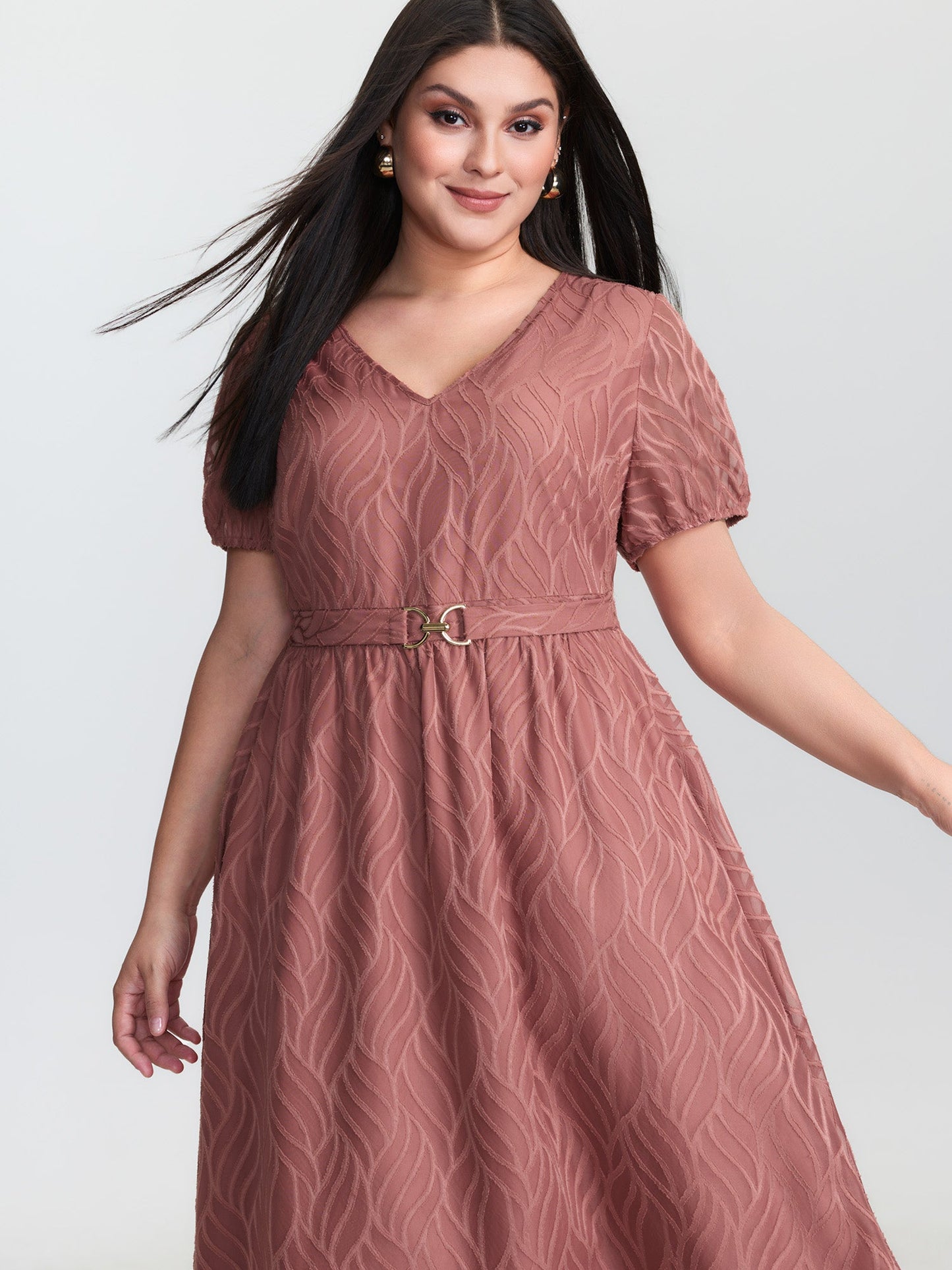 Plain Textured Belted V-Neck Midi Dress