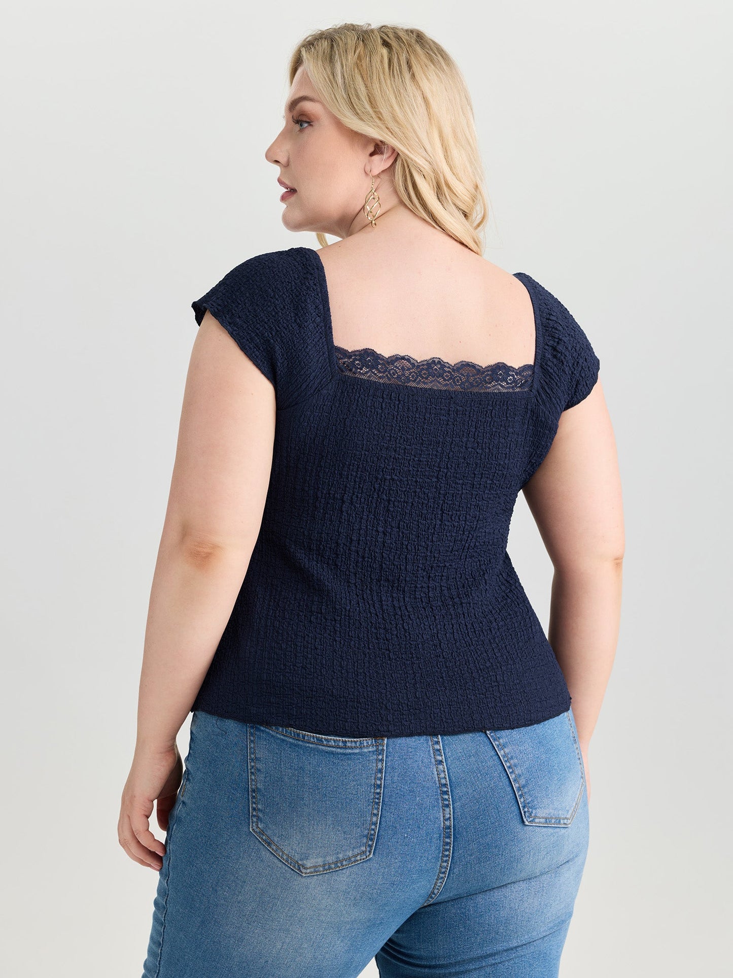 Textured Lace Trim Drawstring Fitted Top