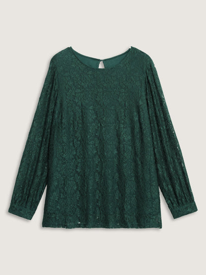 Solid Crochet Lace Mesh Crew Neck Blouse