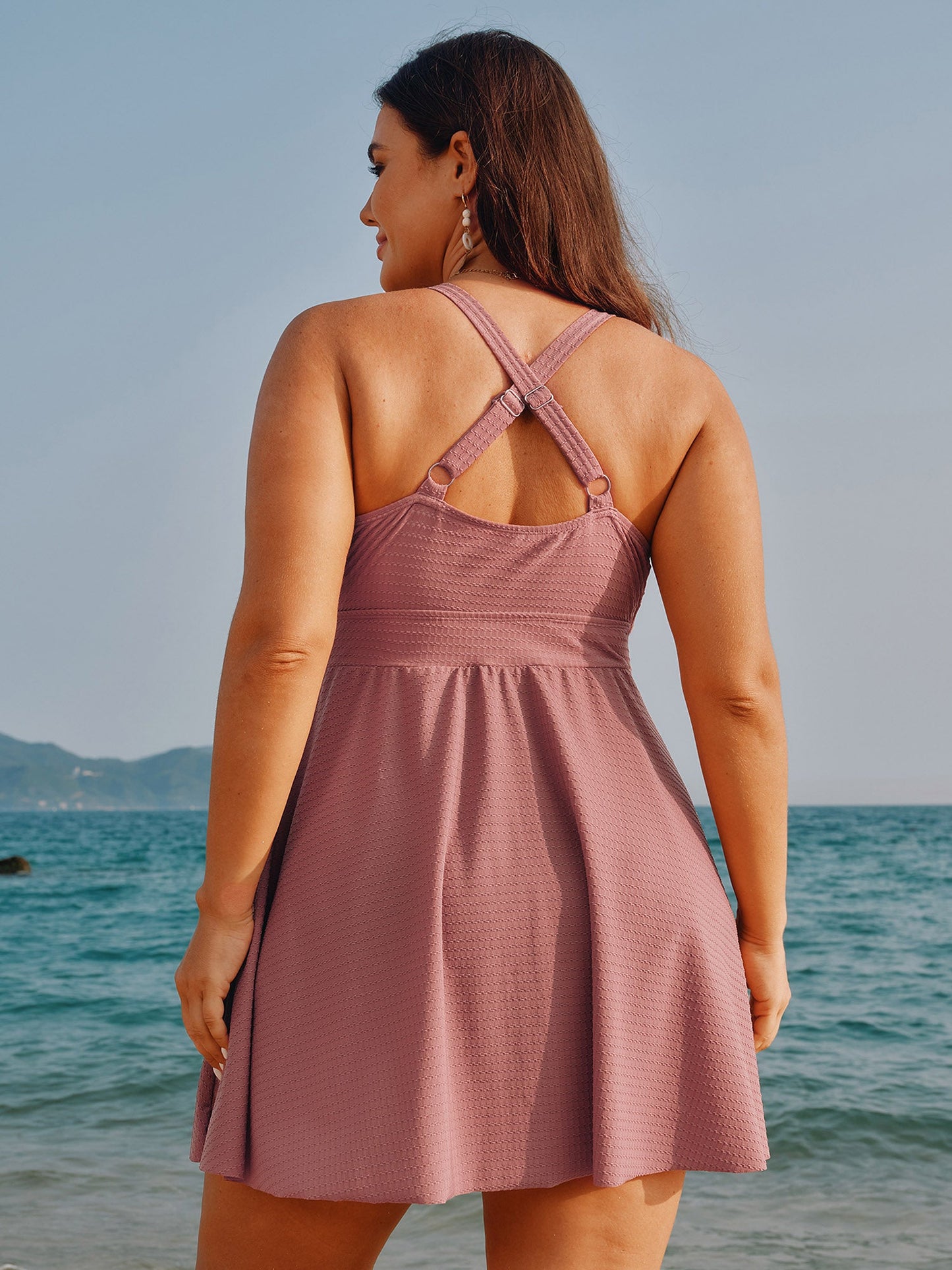 Textured Surplice Cut-Out Shoulder Swim Dress