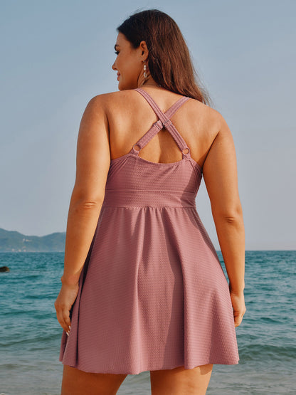 Textured Surplice Cut-Out Shoulder Swim Dress
