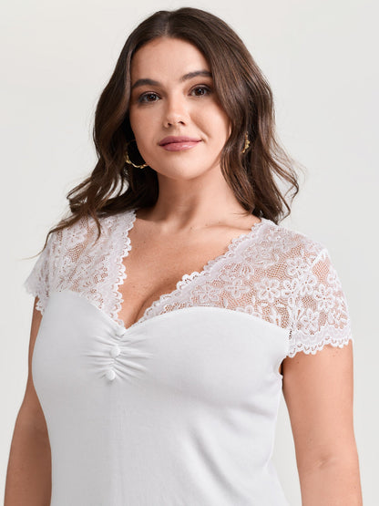 Sheer Lace Neckline Shirred Knit Top