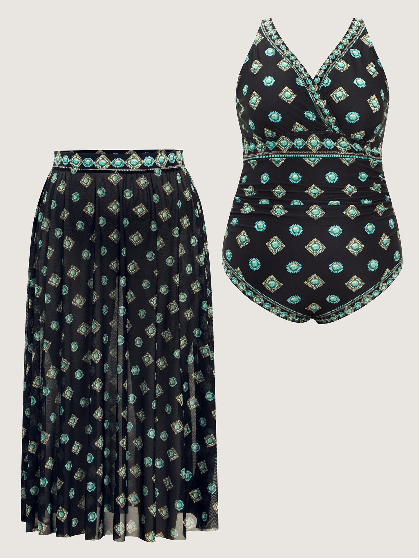 Geometric Print Pleated Tummy-Control One-Piece Swimsuit