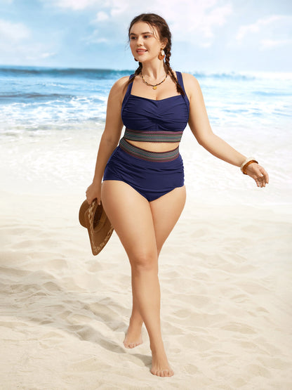 Twist Front Patchwork Woven Ribbon Swim Top