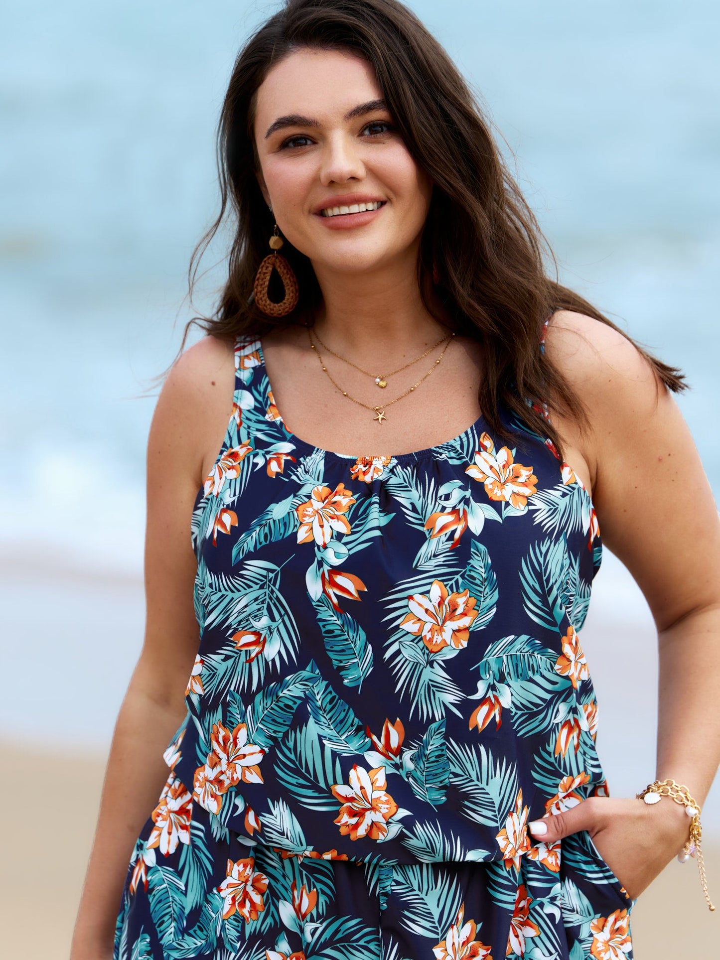 plus size Tropical Flower Print Pockets One-Piece Swimsuit