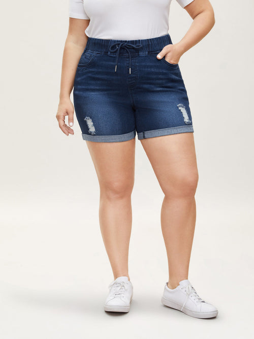 plus size  Pull-On Drawstring Elastic Waist Denim Shorts