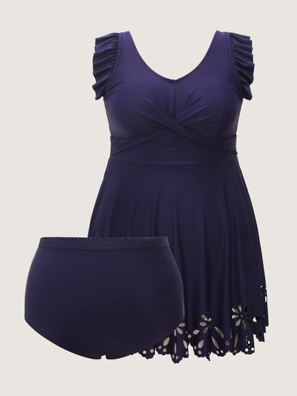 Laser Cut Flutter Sleeve Pockets Swim Dress