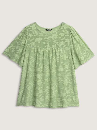 Textured Lace Neckline Flowy Sleeve Blouse
