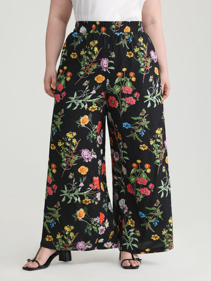 Floral Print Stretchy Waist Wide-Leg Pants