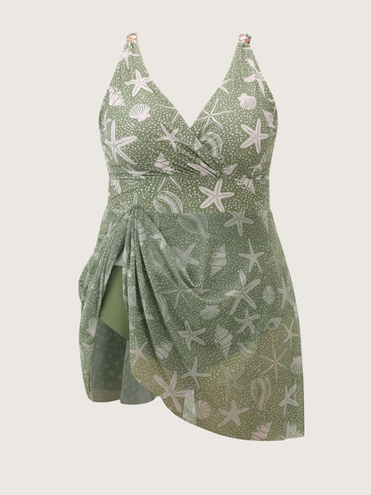 Ocean Print Metal Buckle Swim Dress