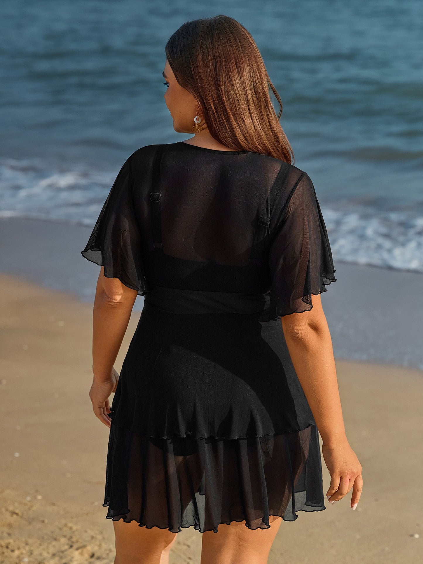 Sheer Ruffled Sleeve Layered Swim Dress