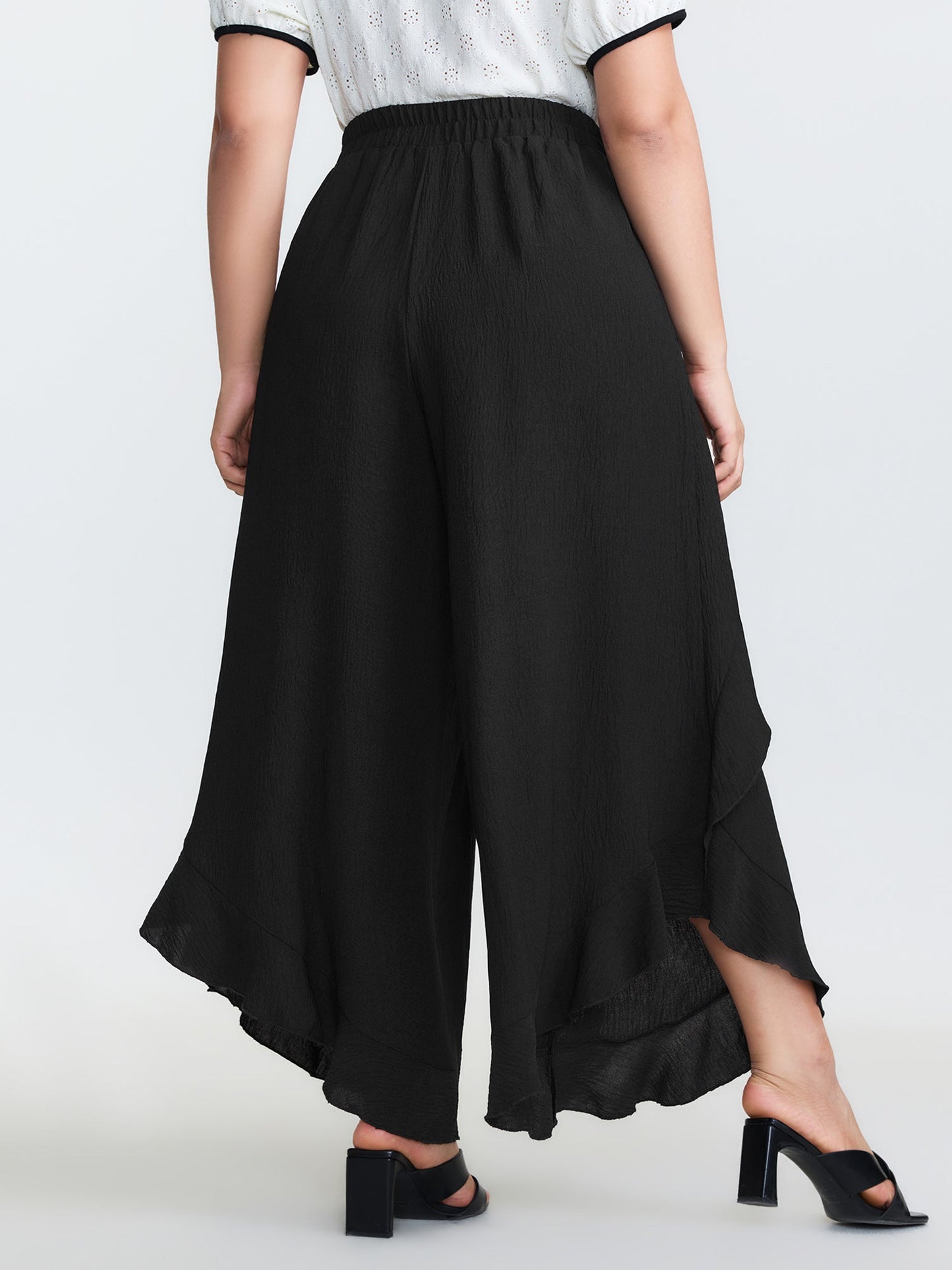 Stretchy Ruffled Trim Wide-Leg Pants