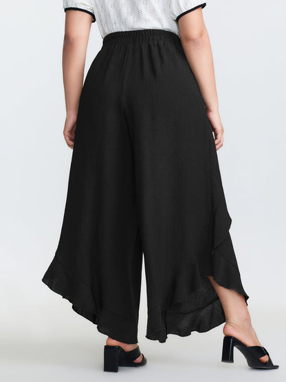 Stretchy Ruffled Trim Wide-Leg Pants