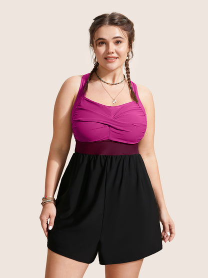 Patchwork Contrast Crossover One Piece Swimsuit