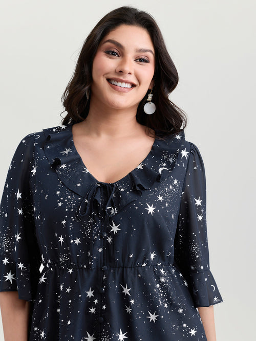 Gold Stamped Floral Print Lotus Leaf Blouse