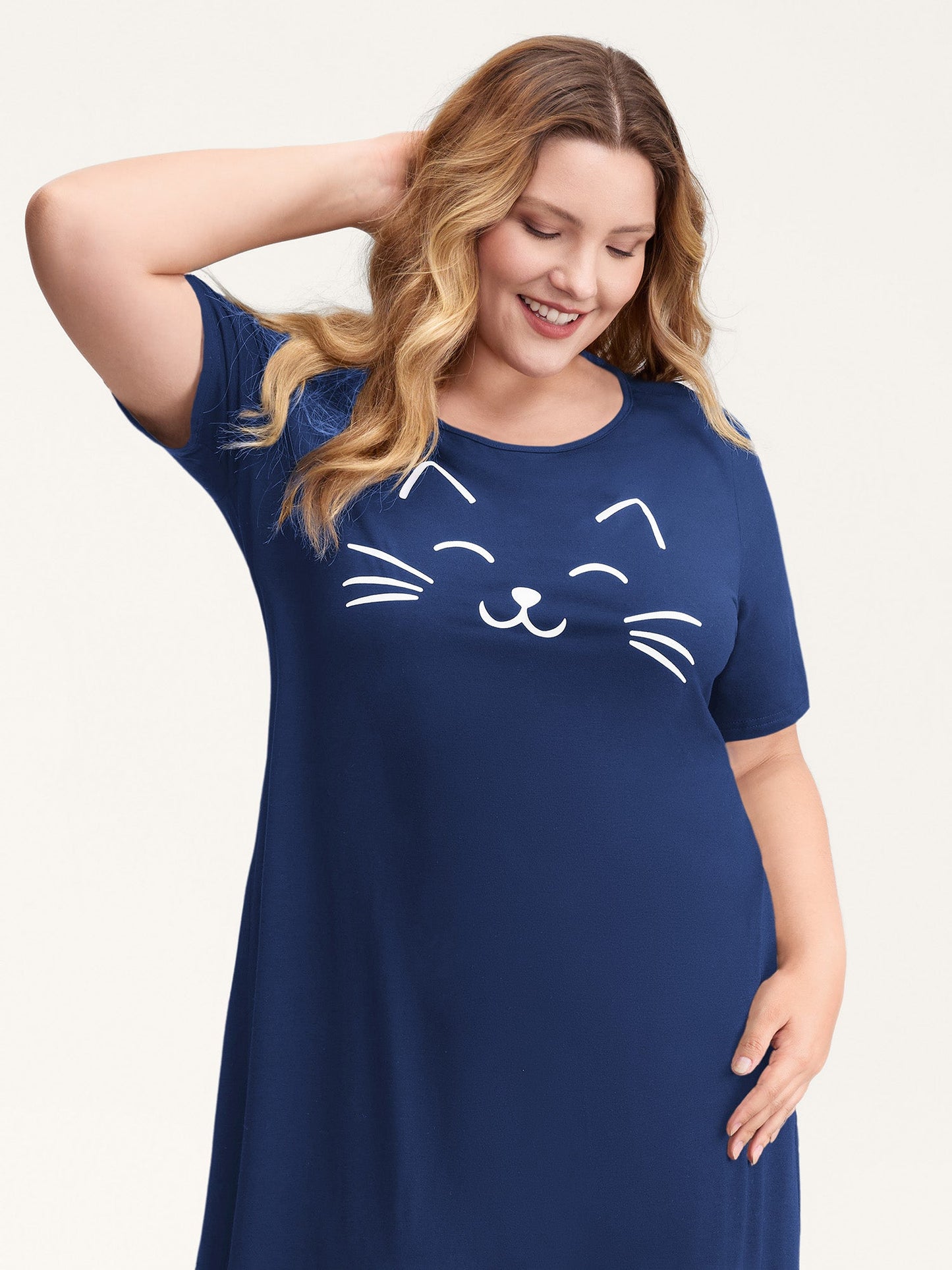 Happy Cat Print Stretchy Contrast Nightgown