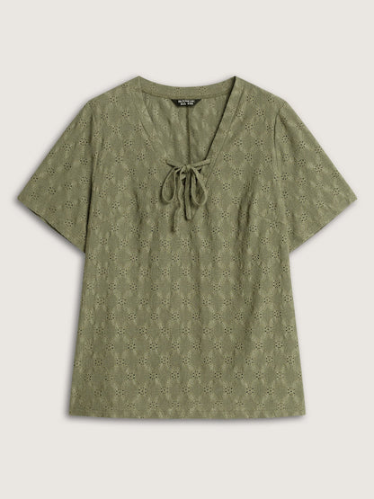 Lace Cut-Out Trim Neck-Tie T-Shirt