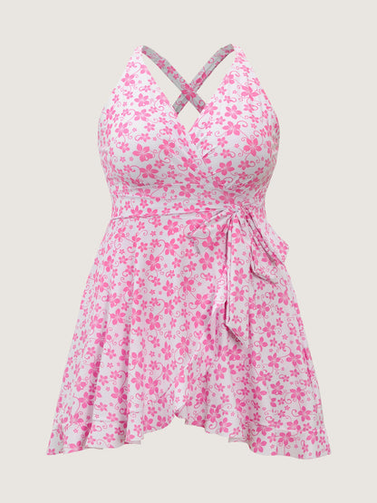 Cute Floral Print Anti-Float Tie Swim Dress
