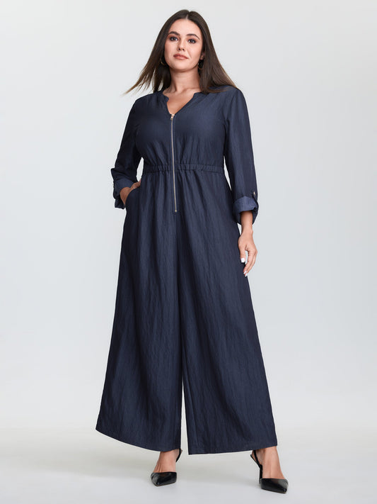 Zipper Front Tab Sleeve Jumpsuit