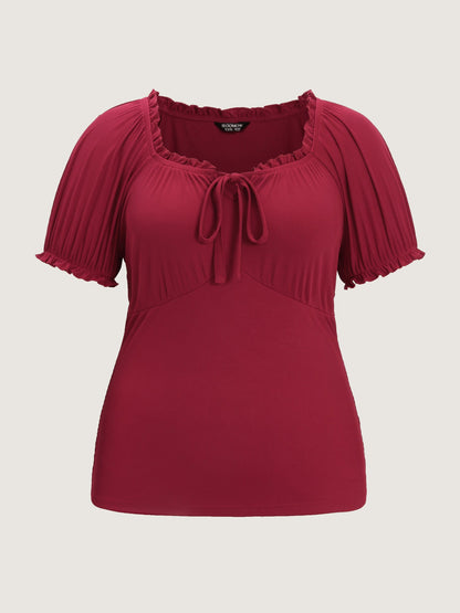 Stretchy Ribbed Drawstring Neckline Knit Top