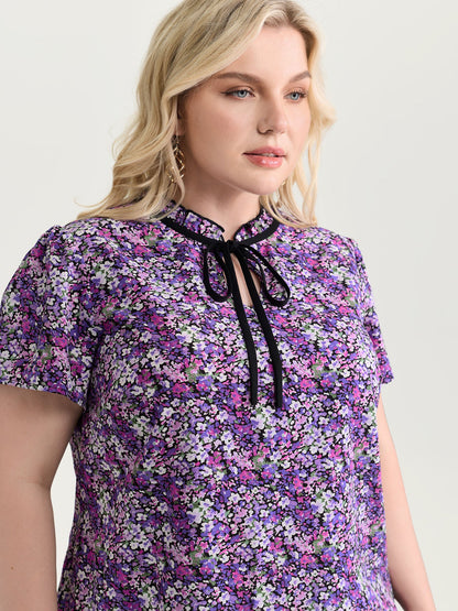 Dense Floral Print Ruffled Mock Neck Blouse