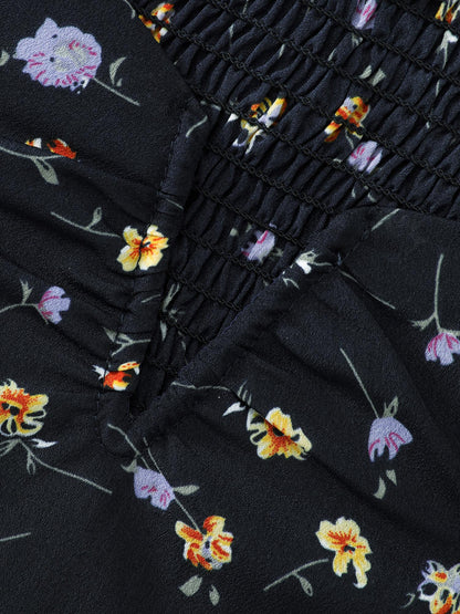 Floral Print Shirred Cuff Sleeve Blouse