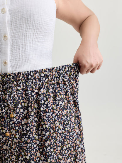 Micro Floral Print Wide Waistband Pants