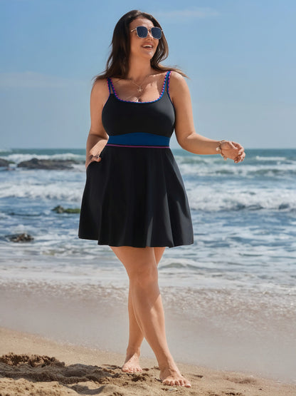 Anti-Float Tie Lace Pockets Swim Dress