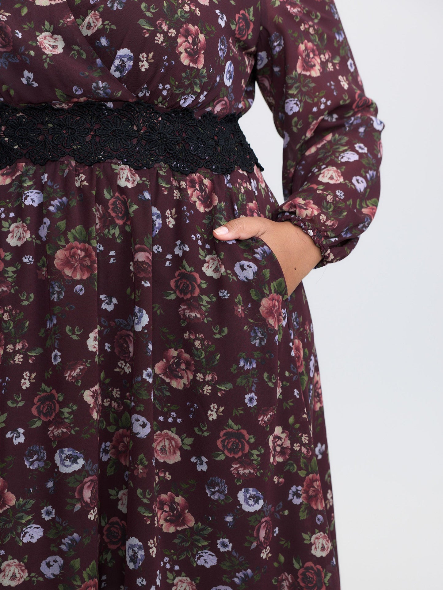 Floral Lace Trim Cinched-Waist Mini Dress