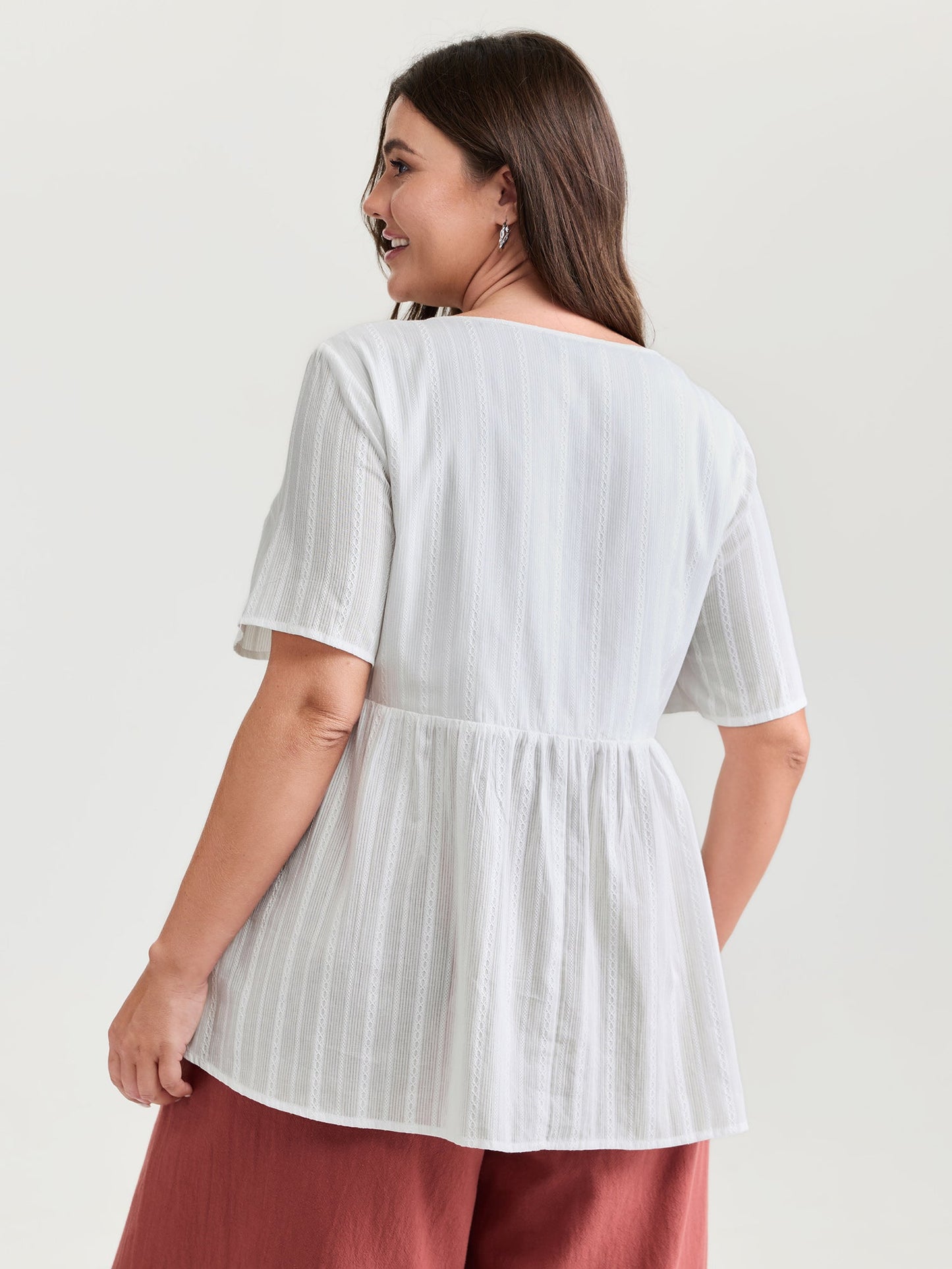 Cotton Stretchy Button Detail V-Neck Knit Top