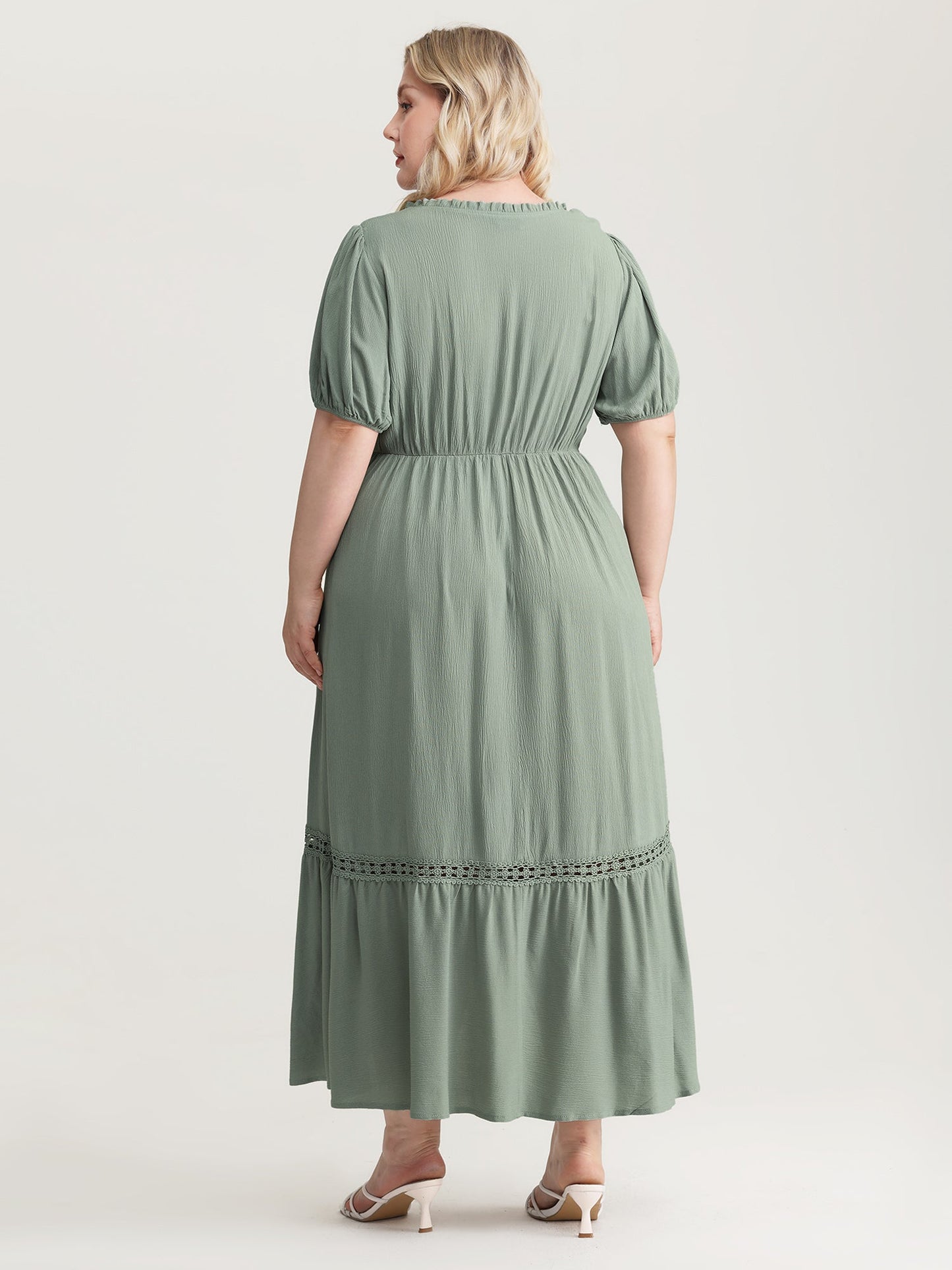 Lace Trim Drawstring Neckline Plain Midi Dress