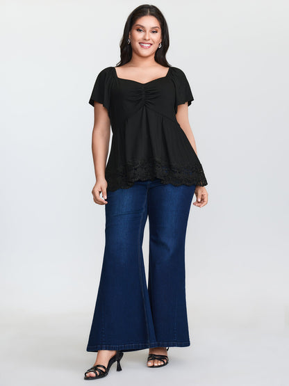 Lace Trim Flared Sleeve Ruched-Front Knit Top