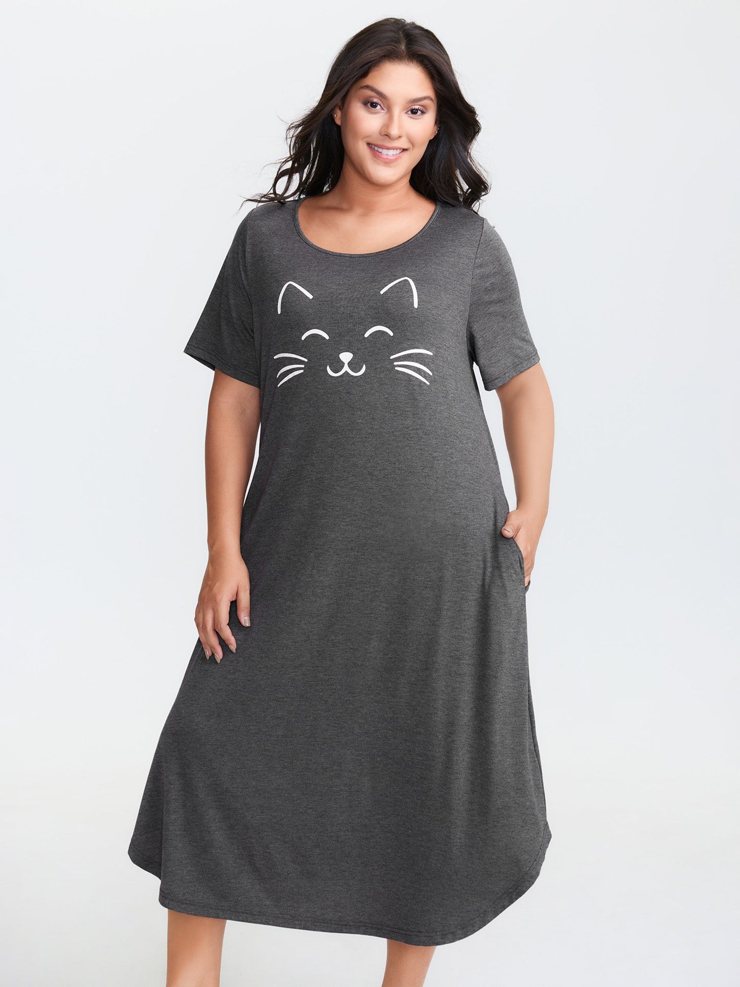 Happy Cat Print Stretchy Contrast Nightgown