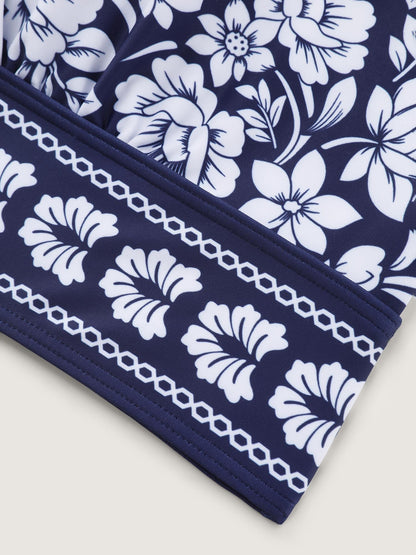 Floral Print Surplice Neckline Swim Top