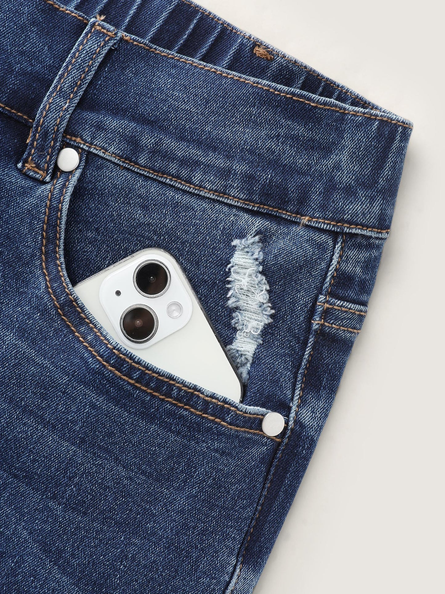 Stretchy Waist Ripped Hem Denim Shorts