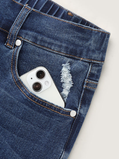 Stretchy Waist Ripped Hem Denim Shorts