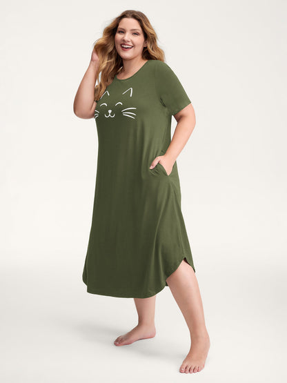 Happy Cat Print Stretchy Contrast Nightgown