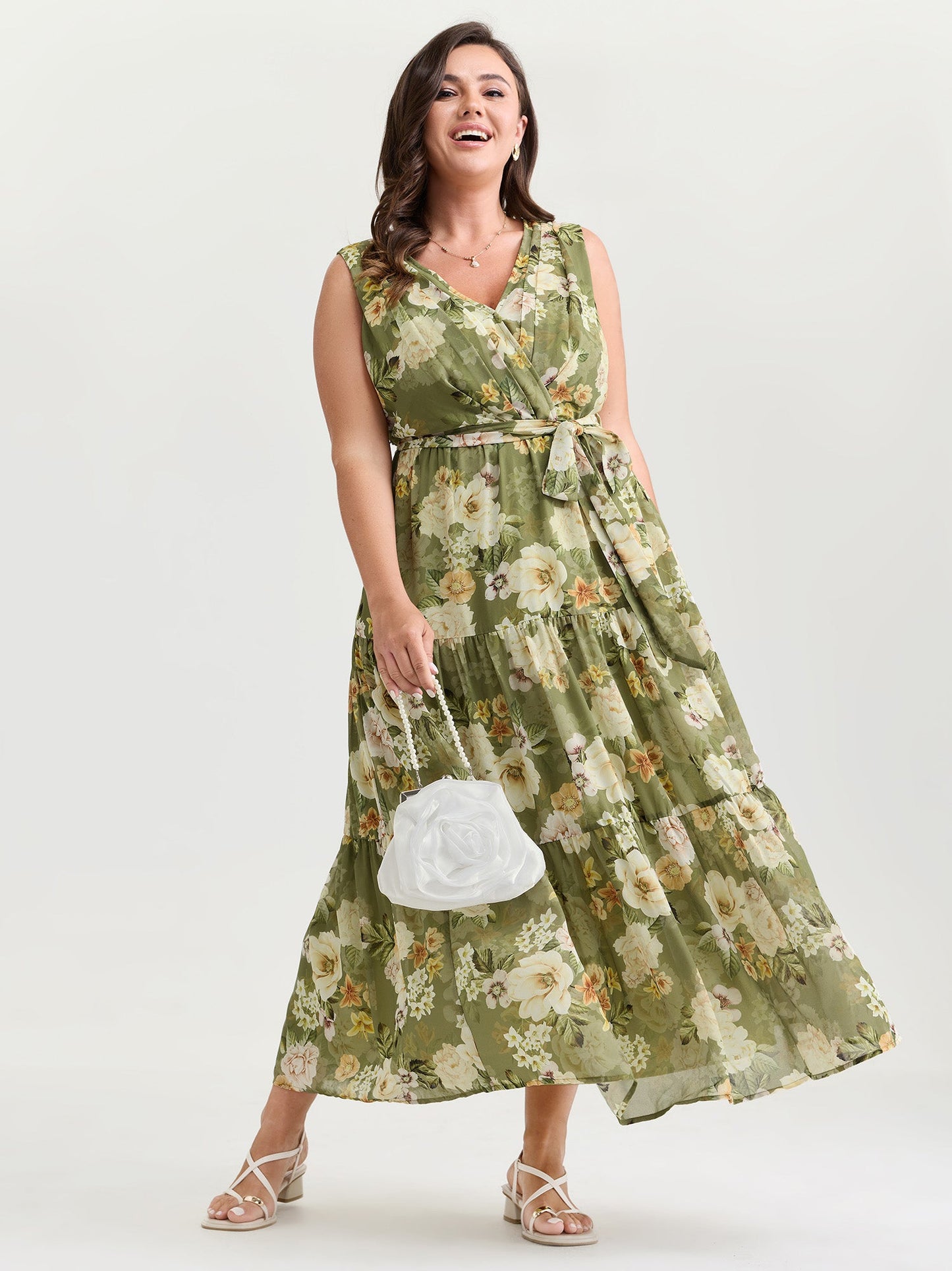 plus size Large Floral Print Waist-Tie Tiered Maxi Dress