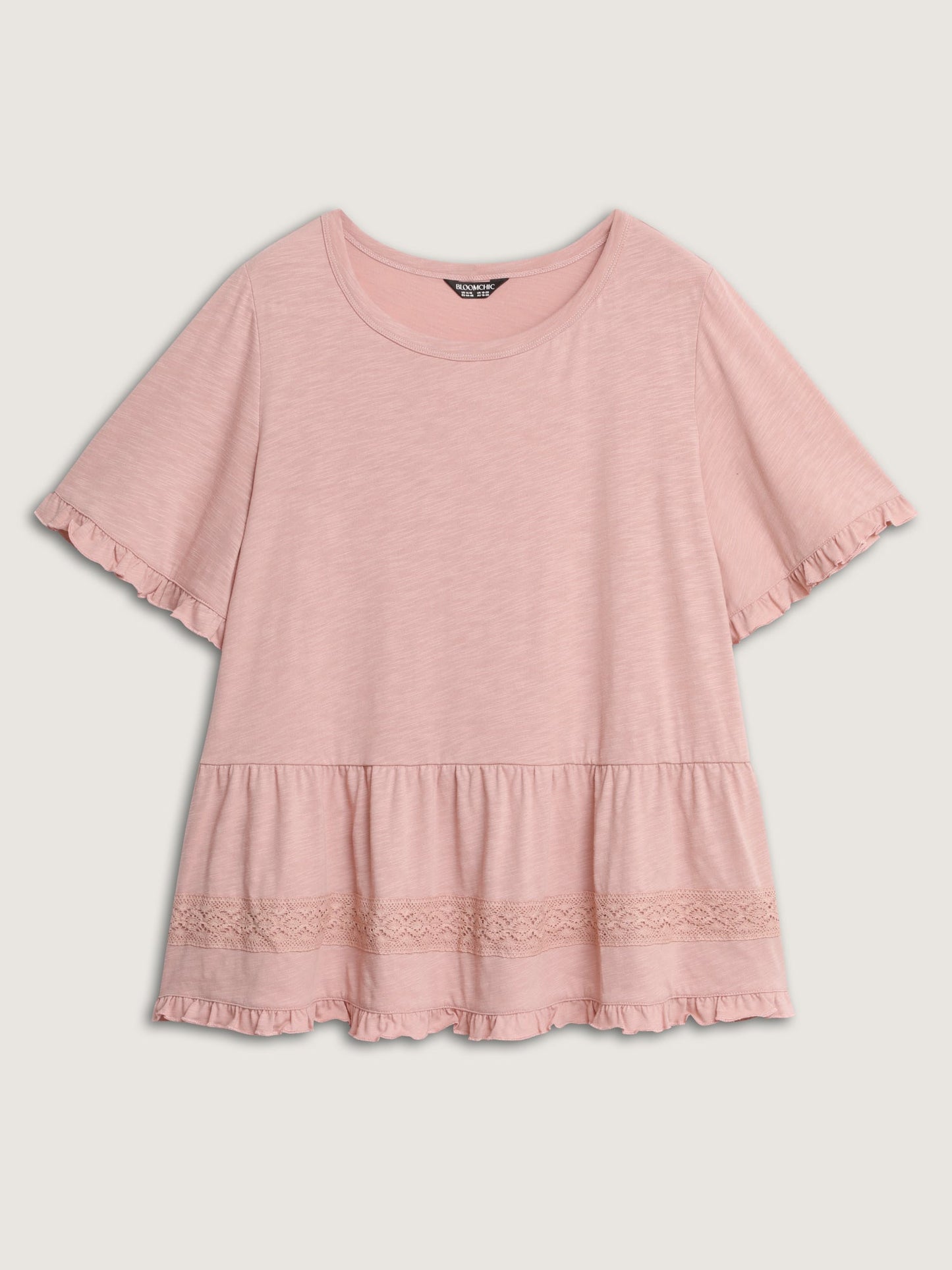 Lace Trim Ruffled Hem Plain Knit Top