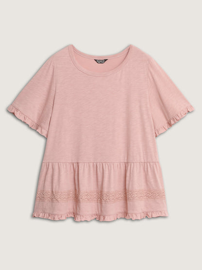 Lace Trim Ruffled Hem Plain Knit Top