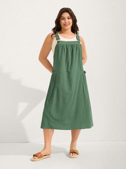 plus size Pure Cotton Pleated Pockets Midi Dress