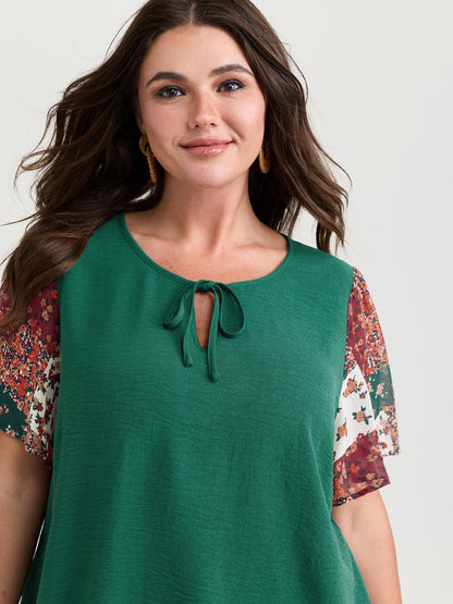 Floral Collage Print Keyhole Neckline Blouse