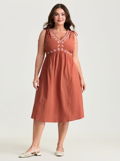 Pure Cotton Embroidered Adjustable Shoulder Midi Dress